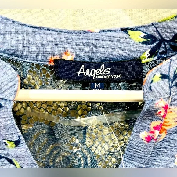 Women’s “Angels Forever Young” Blue Floral Convertible Long Sleeve Blouse - Picture 7 of 10